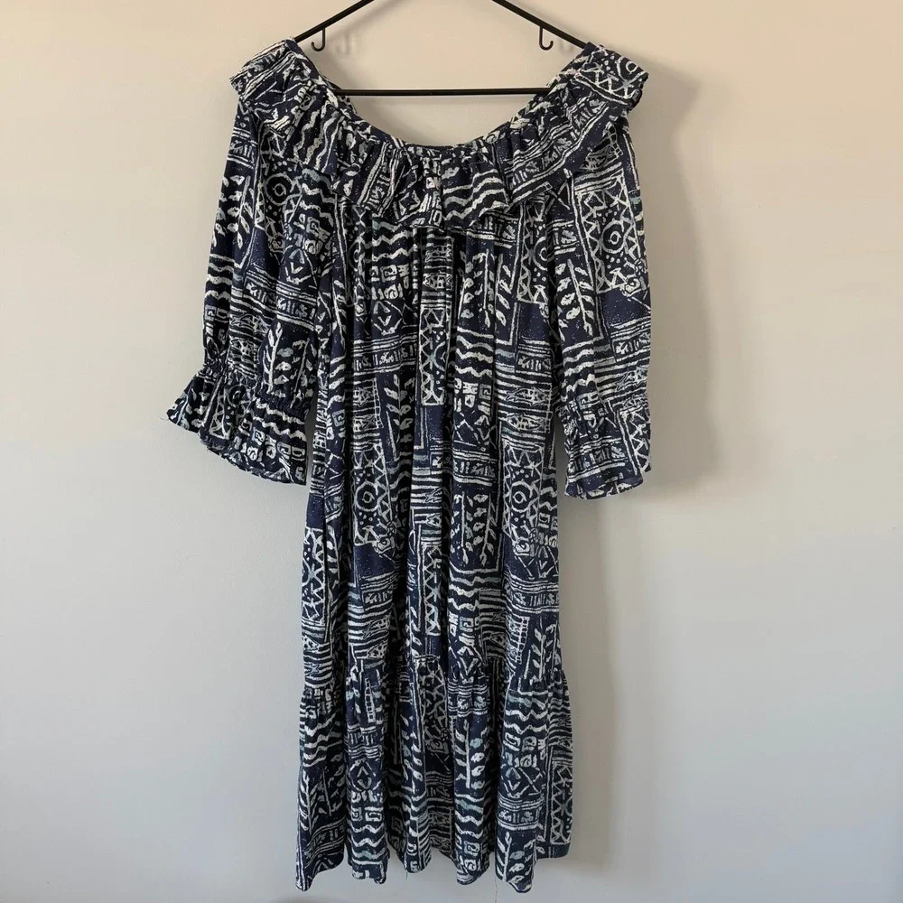 Hilo Hattie Vintage Made‎ in Hawaii Muumuu Dress Blue Tribal Ruffle Midi L NICE